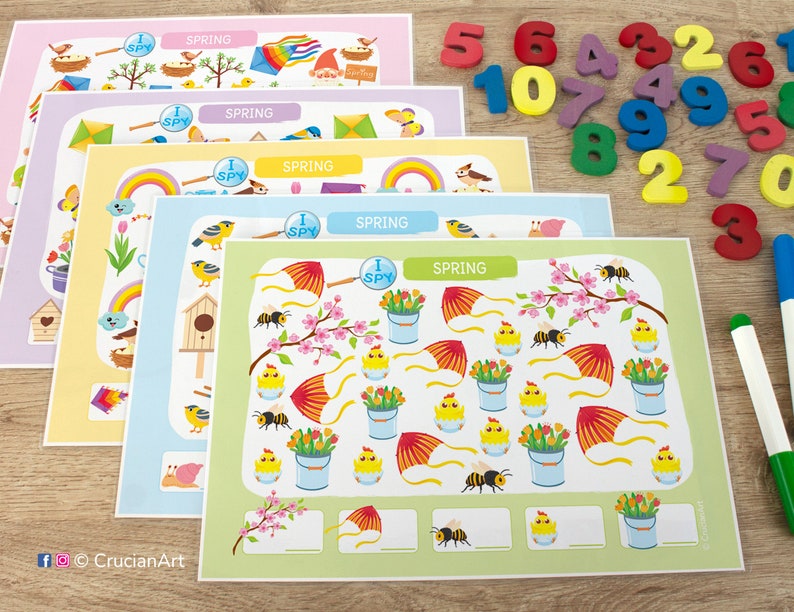 Spring Season I Spy math worksheets: count to 10 activity for kids. Toddler, preschool, kindergarten learning materials. Homeschool and classroom educational resource for number formation. Counting skills workbook. Homeschooling classrooms printables