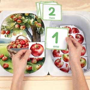 Apple harvest counting activity for kids Trofast bins. Educational addition to your children Ikea Flisat sensory table.