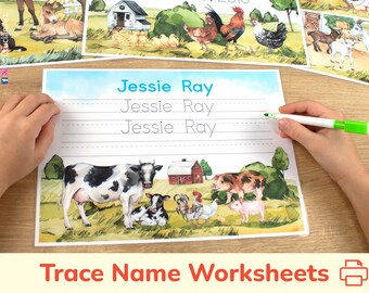 FARM Name Tracing Personalized Worksheets. Farm Animals Custom Handwriting Trace Practice. Homeschool Printable Learning Material