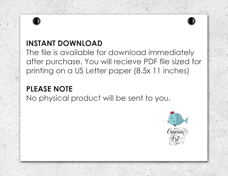 May include: White paper with text: "INSTANT DOWNLOAD" and "PLEASE NOTE". The file is available for download immediately after purchase, sized for US Letter paper (8.5x11 inches). A blue fish illustration with the text "Crucian Art" is in the bottom right corner.