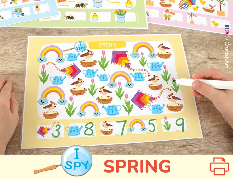 Spring Season I Spy math worksheets: count to 10 activity for kids. Toddler, preschool, kindergarten learning materials. Homeschool and classroom educational resource for number formation. Counting skills workbook. Homeschooling classrooms printables