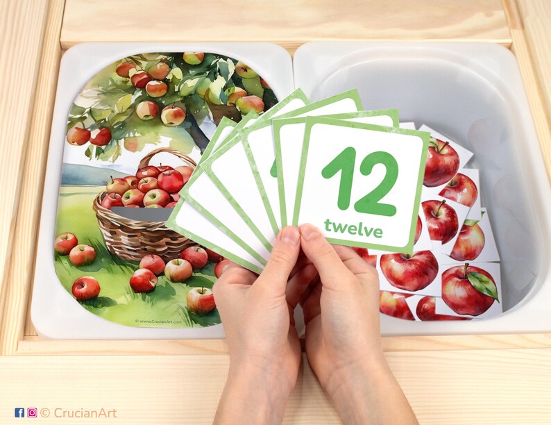 Apple tree theme sensory table insert for preschoolers. Fall harvest counting activity for kids in the classroom.