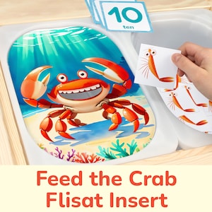Feed the Crab Plankton Flisat Insert: Counting Activity for Sensory Table Trofast Bins. Summer Toddler, Preschool Printable Insert Template.