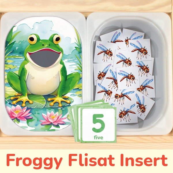 Pond Life Flisat Insert: Printable Frog and Mosquitoes Counting Activity for Sensory Table Bins. Toddler, Preschool Spring Insert Template
