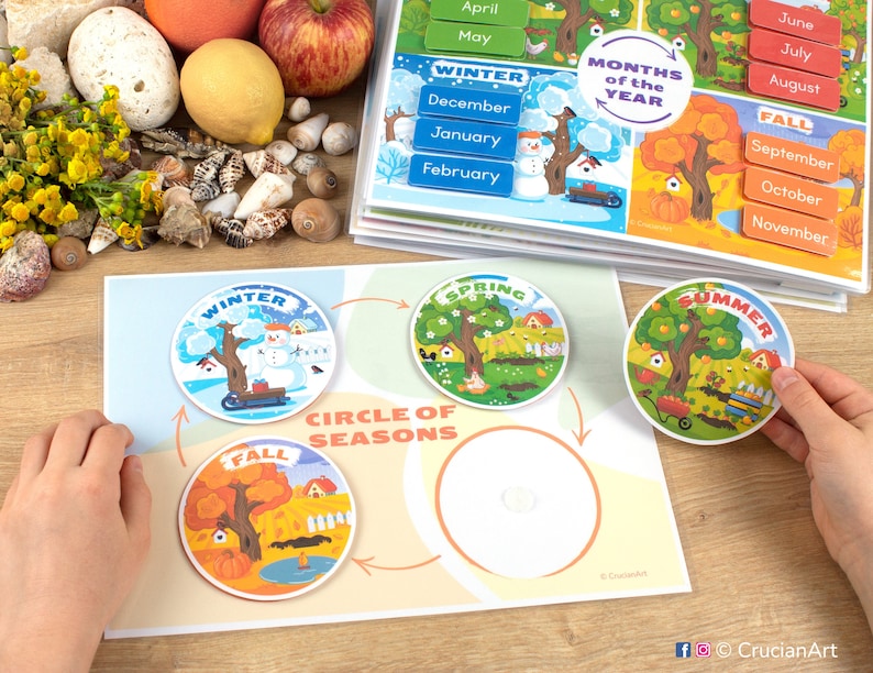 May include: A colorful educational toy for kids featuring a circle of seasons with four removable circles depicting winter, spring, summer, and fall. Each circle has a different illustration and the words "Winter", "Spring", "Summer", and "Fall" written in a colorful font. The toy also includes a larger circle with the words "Circle of Seasons" written in a colorful font.