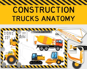 Anatomie van bouwvrachtwagens. Afdrukbare drukke boekpagina's, Pre-K, kleuterschool. Afdrukbare activiteit voor jongen.