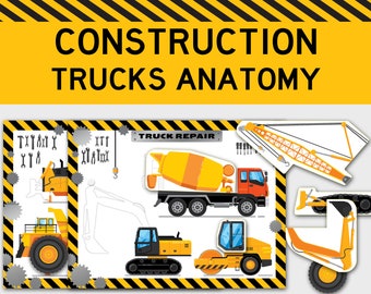 Anatomia dos caminhões de construção. Páginas de livros ocupados para impressão, pré-escola, jardim de infância. Atividade para impressão para menino.