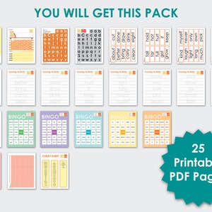 May include: A pack of 25 printable PDF pages designed to help third graders learn Dolch sight words. The pack includes tracing activities, bingo cards, and a cheat sheet. The pages are colourful and feature a variety of fun activities to help children learn.