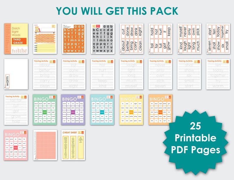 May include: A pack of 25 printable PDF pages designed to help third graders learn Dolch sight words. The pack includes tracing activities, bingo cards, and a cheat sheet. The pages are colourful and feature a variety of fun activities to help children learn.