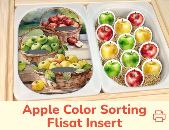 Apple Color Sorting Flisat Insert: Printable Learning Activity for Sensory Table Bins. Toddler, Preschool Fall Educational Insert Template.