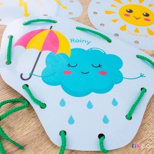 WEATHER Lacing Cards. Printable Fine Motor Skill Tying Toy for Toddler and Preschooler. Preschool Activity image 3