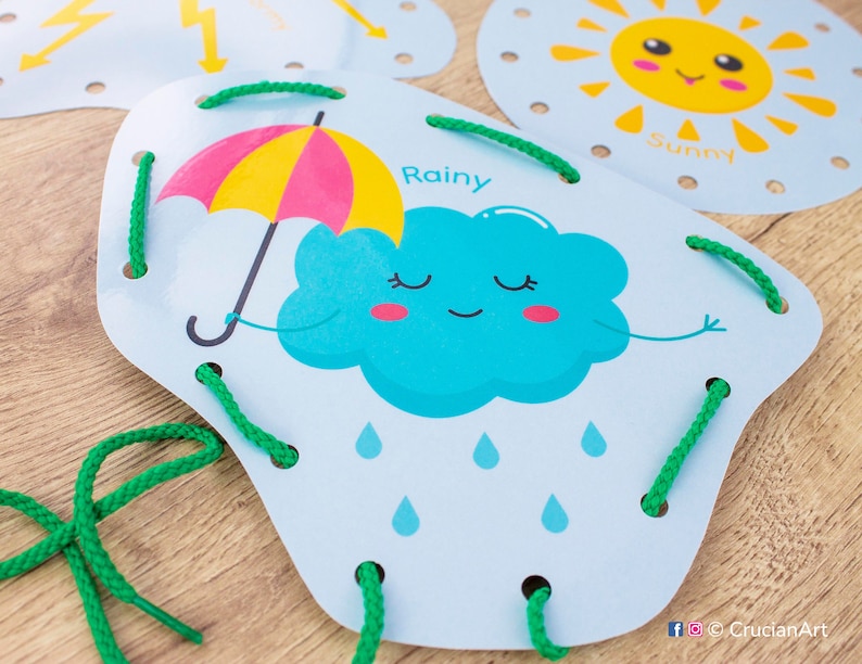 WEATHER Lacing Cards. Printable Fine Motor Skill Tying Toy for Toddler and Preschooler. Preschool Activity image 3