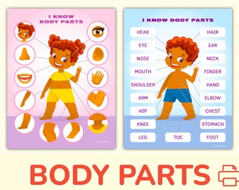Peut inclure: Deux enfants illustrés, l'un avec une peau brune et des vêtements jaunes, l'autre avec une peau brune et un short bleu, pointent vers différentes parties de leur corps. L'image comprend des étiquettes pour chaque partie du corps, telles que la tête, l'œil, le nez, la bouche, l'épaule, le bras, la hanche, le genou, la jambe, l'orteil, le pied, les cheveux, l'oreille, le cou, le doigt, la main, le coude, la poitrine et l'estomac.