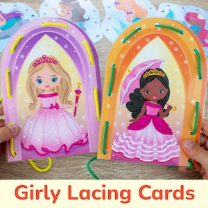 Cartes de laçage sirènes et princesses pour filles. Jouet imprimable de motricité fine pour tout-petit et enfant d'âge préscolaire