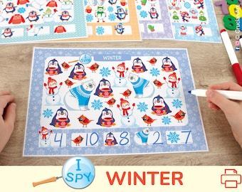 Winter I Spy Counting Activity. Seasonal Printable Count to 10 Activities. Preschool, Pre-K, Kindergarten Math Curriculum Worksheets for Kid