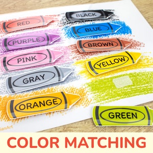 Colors Match Learning Activity. Matching Color Crayons & Cans of Paint. Toddler and Preschool Educational Material. Printable Busy Book Page