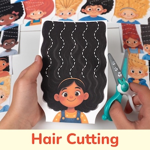 May include: A paper activity sheet featuring a cartoon character with long black hair and white dashed cutting lines, held alongside a pair of teal and white scissors with paw print details. Additional character cutouts are visible in the background.
