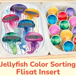 Jellyfish Color Sorting Flisat Insert: Printable Learning Activity for Sensory Table Bins. Toddler and Preschool Educational Insert Template