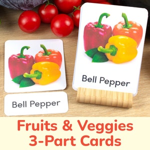 Tarjetas de 3 partes con foto real de frutas y verduras. Verduras Bayas Actividad de emparejar tres partes Tarjetas didácticas imprimibles Actividades de aprendizaje preescolar