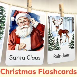 Flashcards de Natal: Cartões flash para impressão do jardim de infância pré-escolar para crianças. Atividades educacionais em casa, materiais de aprendizagem em sala de aula.