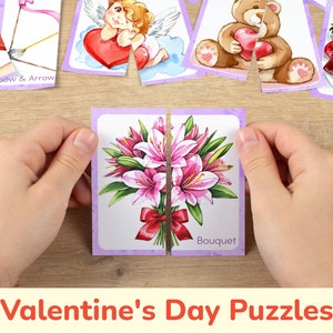 Pares de rompecabezas del día de San Valentín: Tarjetas de combinaciones imprimibles para niños pequeños. Actividad de aprendizaje preescolar, recurso educativo, imprimibles de educación en el hogar.