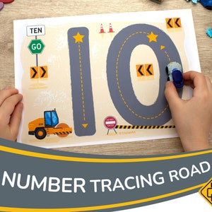 Numbers Printable Road Mat for Boys. Construction Truck Tracing Activity for Toddler and Preschooler