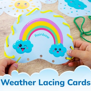 Cartes de laçage MÉTÉO. Jouet imprimable de motricité fine pour tout-petit et enfant d'âge préscolaire. Activité préscolaire