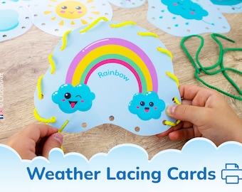 Cartes de laçage MÉTÉO. Jouet imprimable de motricité fine pour tout-petit et enfant d'âge préscolaire. Activité préscolaire