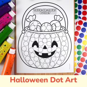 May include: A dot marker coloring page featuring a jack-o'-lantern trick-or-treat bucket filled with candy. The page includes the text TRICK-OR-TREAT BUCKET, surrounded by colorful dot markers and sheets of circular stickers in red, blue, green, and yellow.
