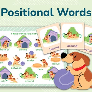 Cartes imprimables de mots positionnels. Flashcard de préposition. Mots prépositionnels, parties de l'apprentissage de la parole pour la maternelle, la maternelle et la maternelle.