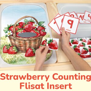 Strawberry Flisat Insert: Printable Spring Garden Counting Activity for Sensory Table Bins. Toddler and Preschool Insert Template.