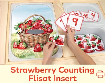 Inserto de Flisat de fresa: Actividad de conteo imprimible en el jardín de primavera para contenedores de mesa sensoriales. Plantilla de inserción para niños pequeños y preescolares.