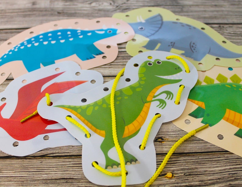 Dinosaur printable lacing cards fine motor skills tying etsy
