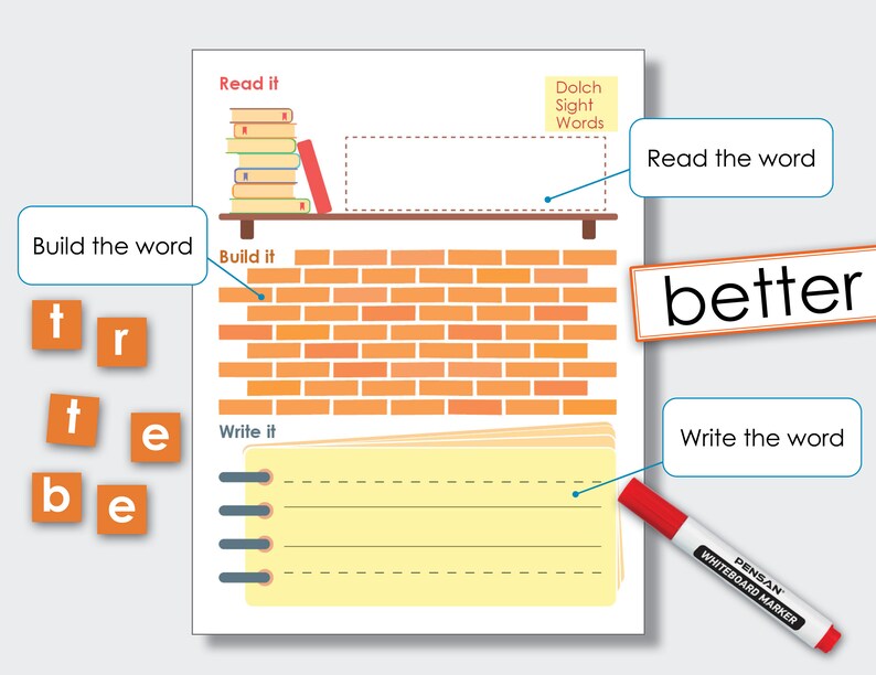 May include: A worksheet for building the word "better" using letter tiles. The word "better" is written in black on an orange rectangle. The worksheet includes a brick wall, a bookshelf with books, and a lined notepad with a red marker.