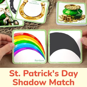 Activité de correspondance d'ombres pour la Saint Patrick : cartes de correspondance imprimables pour les tout-petits. Ressource éducative préscolaire, imprimables d’apprentissage à la maison.