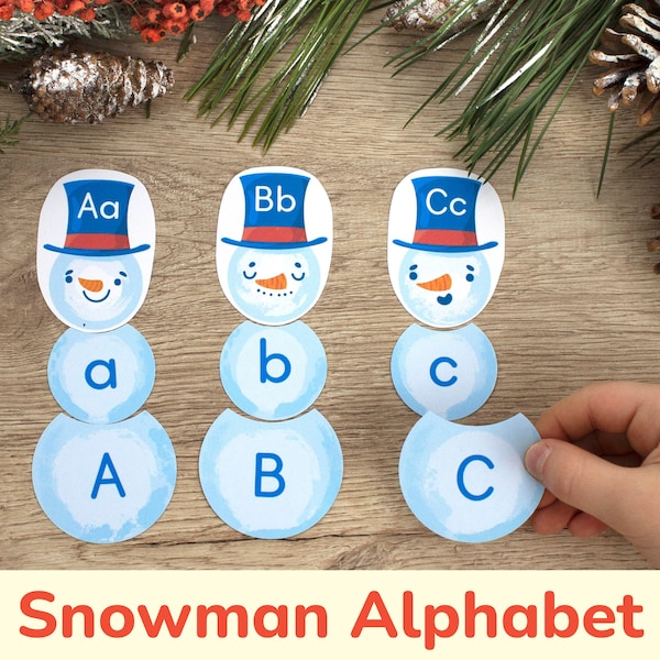 Snowman Alphabet Printable Activity for Preschool, Toddler. Uppercase Lowercase Letters Winter Activities. Homeschool Educational Printables