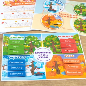 Meses do ano e atividades para impressão do círculo das estações. Atividade de aprendizagem escolar em casa. Pré-escola, Material Educacional de Jardim de Infância.