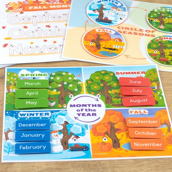 Monate des Jahres & Circle of Seasons druckbare Aktivitäten. Homeschool-Lernaktivität. Vorschule, Kindergarten Lernmaterial.