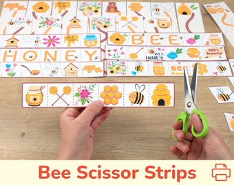 Honeybee Scherenstreifen. Honey Bee Scissor Fähigkeiten druckbare Aktivität. Vorschule, Kindergarten Schneidestreifen. Feinmotorische Schneidepraxis.