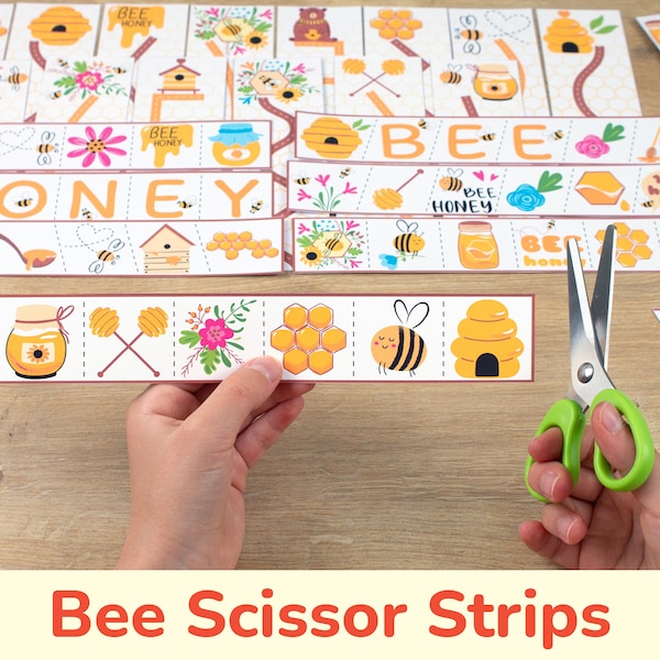 Honeybee Scissor Strips. Honey Bee Scissor Skills Printable Activity. Preschool, Kindergarten Cutting Strips. Fine Motor Cutting Practice.