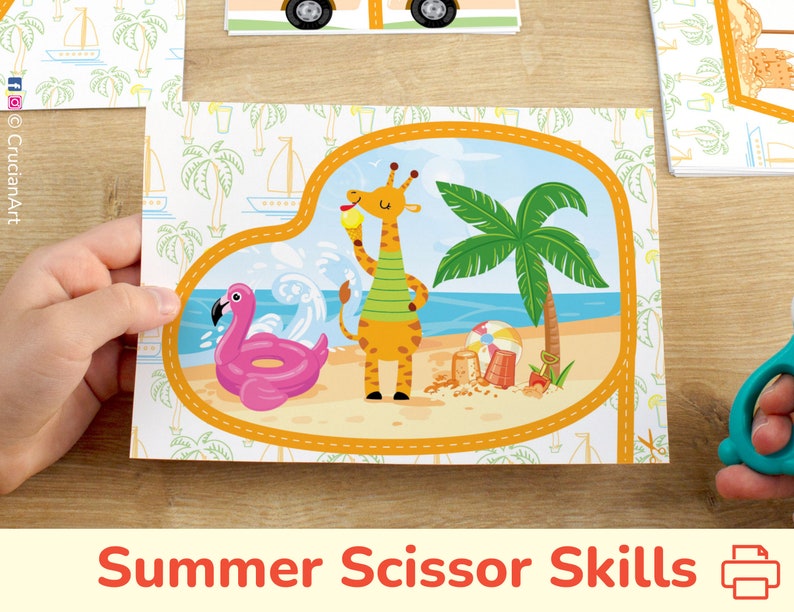 Boost Scissor Skills with Summer-Themed Cutting Practice! Printable resource for fine motor development, ideal for Preschool, Pre-K, Kindergarten. Classroom learning resources, homeschool educational material. DIY printables, vacation activities.