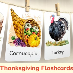 Flashcards do Dia de Ação de Graças para aumentos sazonais de vocabulário. Cartões visuais pré-escolares. Materiais de aprendizagem ELA para impressão em casa e sala de aula.