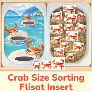 Sorting Crabs by Size: Printable Flisat Insert Activity for Sensory Table Bins. Toddler, Preschool Insert Template.
