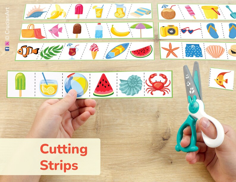 Boost Scissor Skills with Summer-Themed Cutting Practice! Printable resource for fine motor development, ideal for Preschool, Pre-K, Kindergarten. Classroom learning resources, homeschool educational material. DIY printables, vacation activities.