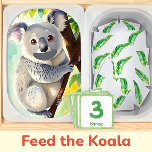 Feed the Koala Flisat Insert: Eucalyptus Leaves Counting Activity for Sensory Table Bins. Toddler and Preschool Insert Printable Template.