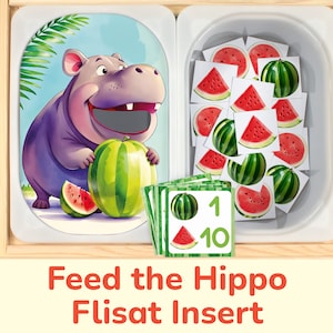 Feed the Hippo Watermelon Flisat Insert: Sort and Count to 12 Printable Activity for Sensory Table Bins. Toddler, Preschool Insert Template.