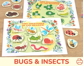 Little Creatures: Bugs & Insects Shadow Matching Activitiy. Printable Toddler, Preschool Match Activities. Quiet Book and Busy Book Page.