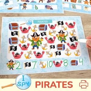 Pirates I Spy Counting Activity. Count to 10 Worksheets for Boys. Early Math Homeschool, Preschool, Pre-K, Kindergarten Printable Activities