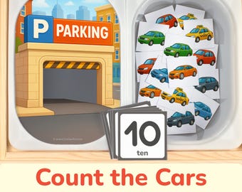 Może przedstawiać: Edukacyjna zabawka dla dzieci z ilustracją parkingu i kartami z samochodami. Karty przedstawiają kolorowe samochody i liczbę "10". Zabawka ma na celu pomóc dzieciom w nauce liczenia i rozpoznawania pojazdów.