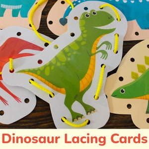 Dinosaur Printable Lacing Cards. Fine Motor Skills Tying Activity for Toddler, Preschooler